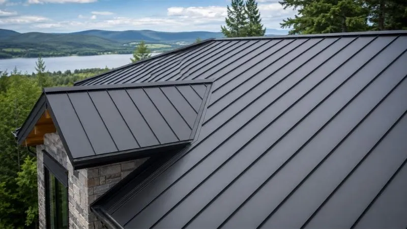 Dark standing seam metal roof with raised vertical seams on a hillside home