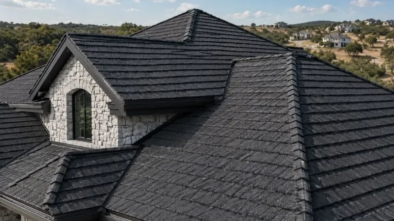 Stone-coated steel roof with a shingle appearance on a Texas Hill Country home